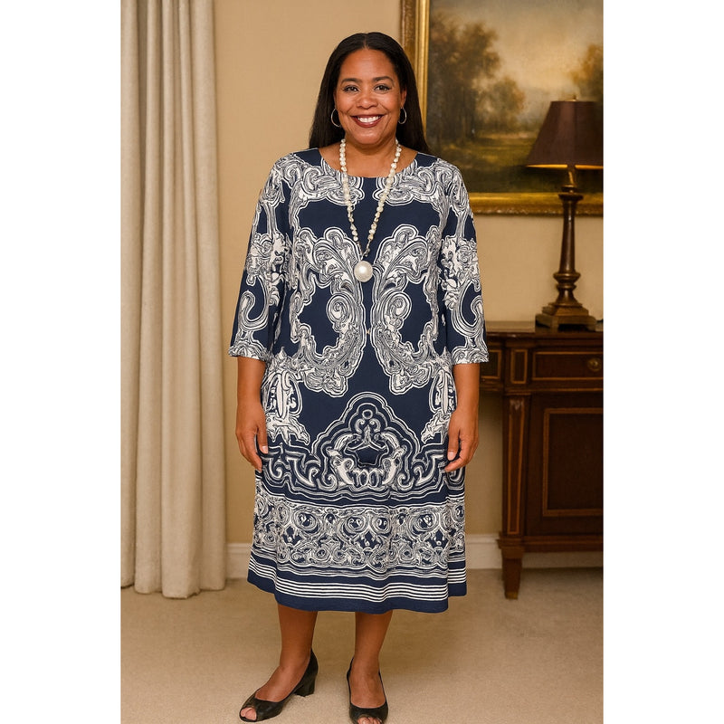 INC Plus Size 3X Navy & White Scroll Print Dress – Boat Neck, 3/4 Sleeve, 38” Length