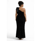 Black Sequin One-Shoulder Gown with Satin Bow – Size 4X (20–22) - Style Plus Consignment Boutique