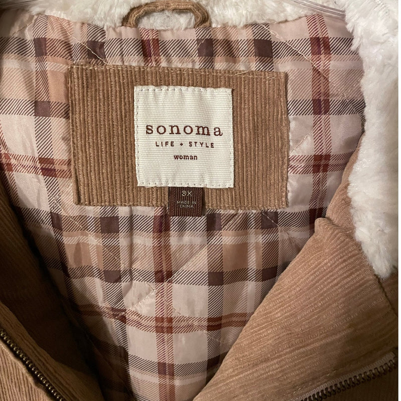 Sonoma 3X Hooded Corduroy Jacket Sherpa Hood Plaid Lining Zip Front