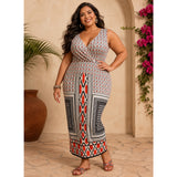 Mlle Gabrielle 3X Geometric Maxi Dress Boho Stretch V-Neck - Style Plus Consignment Boutique