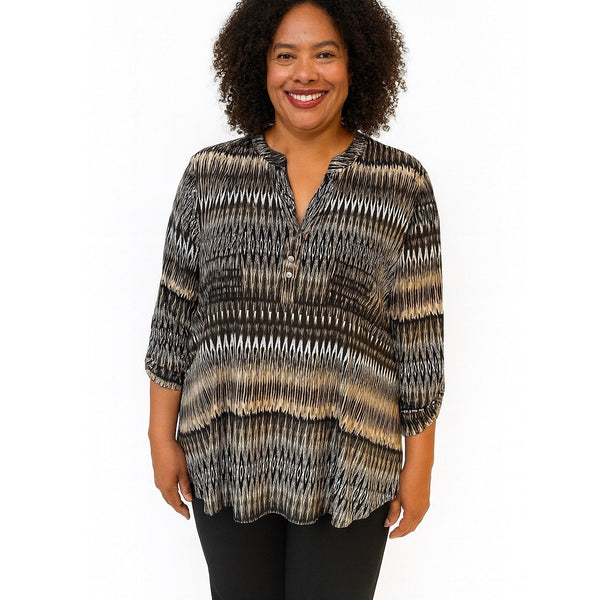 Ava & Grace Woman 3X Tunic Top – Black, Brown & Tan Ikat Print with Chest Pockets