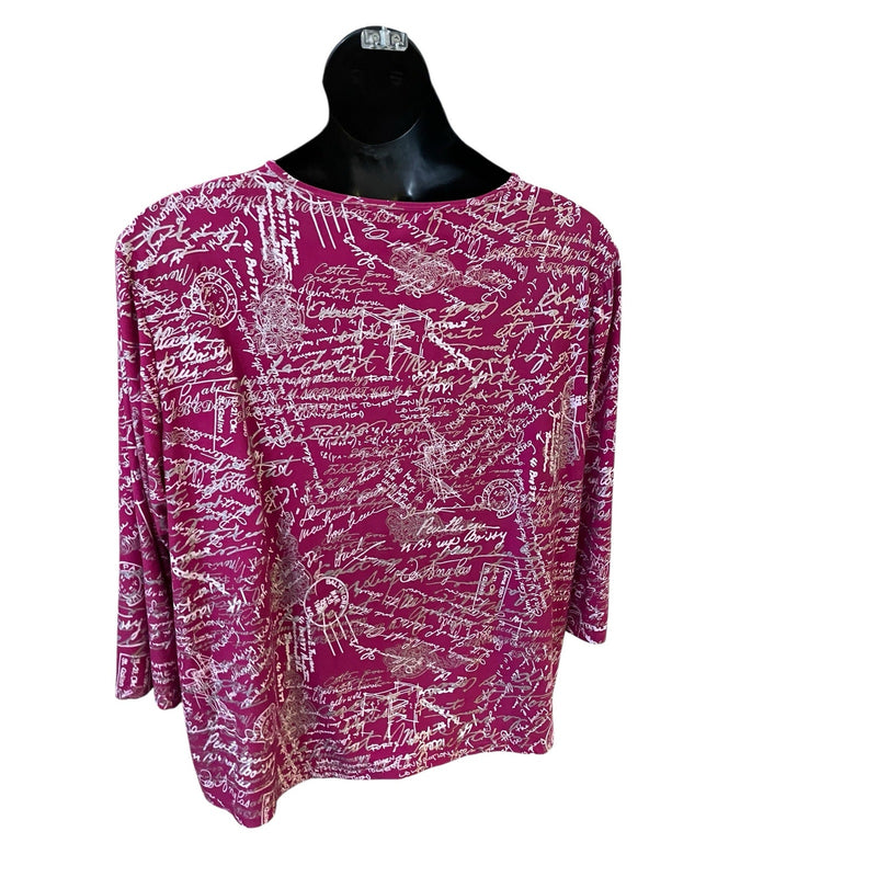 Nygard 3X Magenta Script Print V-Neck Jersey Knit Blouse