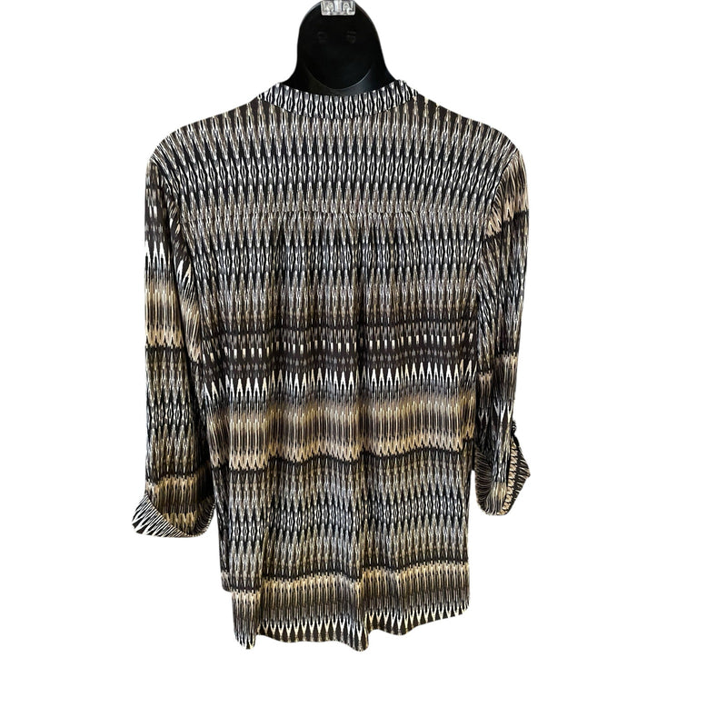 Ava & Grace Woman 3X Tunic Top – Black, Brown & Tan Ikat Print with Chest Pockets