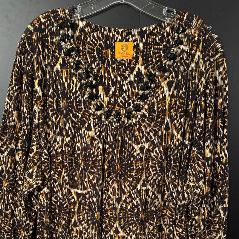 Ruby Rd. 3X Beaded Neckline Abstract Print Top Brown Black White