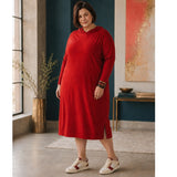 2XL Red Hooded Midi Dress Pockets Banded Hem Stretch