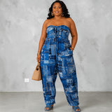 Goodtimes USA Denim Patchwork Strapless Jumpsuit 1X Boho Harem Lounge Resort