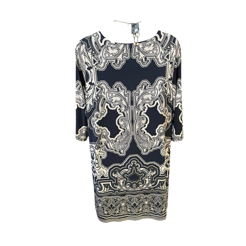 INC Plus Size 3X Navy & White Scroll Print Dress – Boat Neck, 3/4 Sleeve, 38” Length