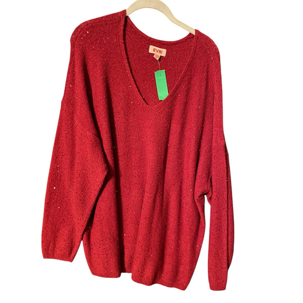 EVRI Red Sparkle Tunic V-Neck Sweater 2X Plus Size Cozy Knit Top