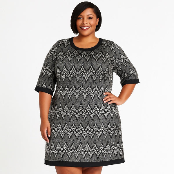 Sandra Darren Black & Silver Chevron Print Dress – Size 24W