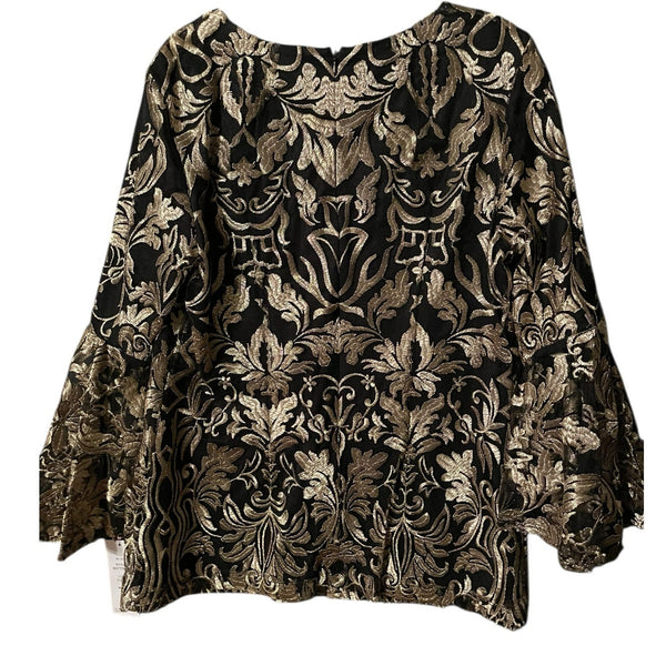 Prelude Black & Gold Metallic Embroidered Top with Bell Sleeves – Size Large