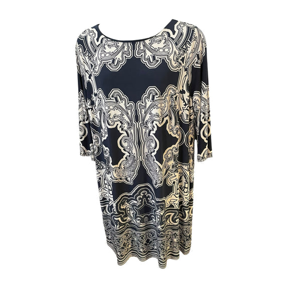 INC Plus Size 3X Navy & White Scroll Print Dress – Boat Neck, 3/4 Sleeve, 38” Length