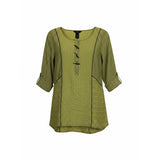 Ali Miles Olive Textured Tunic Top L Black Trim Roll-Tab Sleeves Cotton Blend