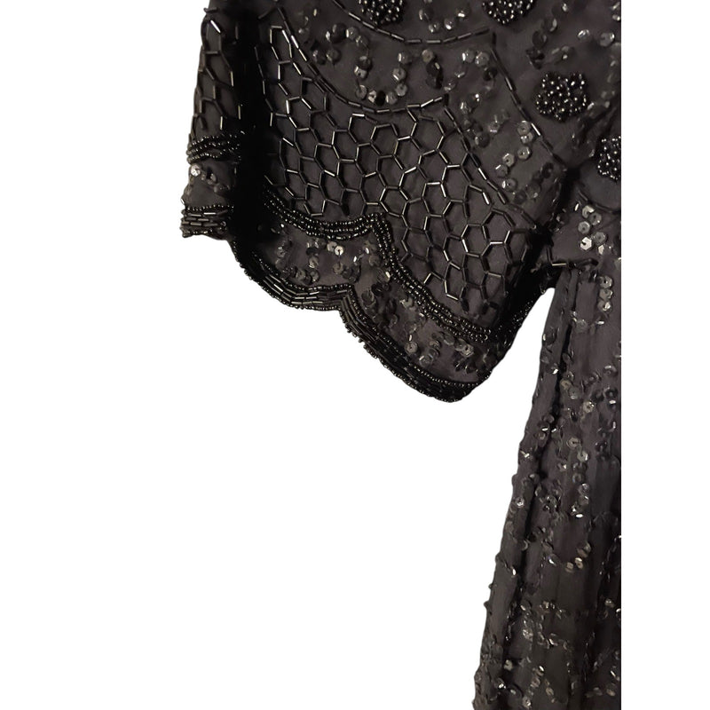 Brilliant Silk Beaded Cocktail Dress Black Tunic Overlay 2-Layer No Stretch Elegant 1X