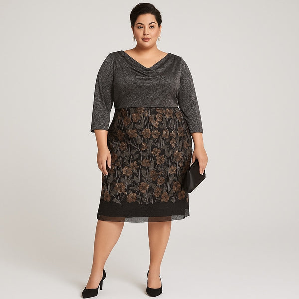 Alex Evenings Black & Bronze Embroidered Sequin Lace Overlay Dress 22W