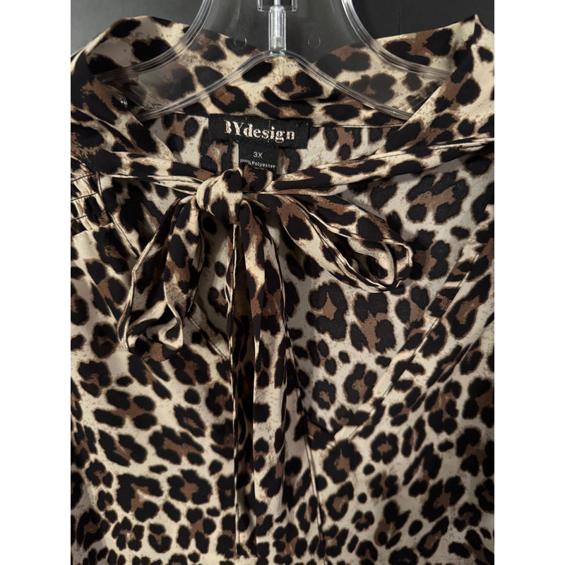 By Design Leopard Print Bow Tie Blouse 3X – Ruched Sleeves, Chic Pullover Style