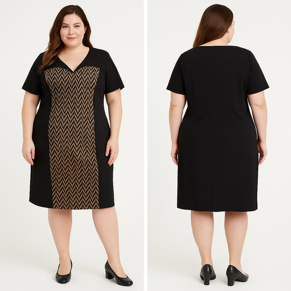 Connected Woman Chevron Panel Black & Tan Career Dress 24W