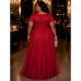 Elegant Burgundy Lace & Tulle Evening Gown | Size 26 | Formal Wedding Guest