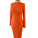 Vibrant Orange Bodycon Midi Dress with Geometric Cutouts - Size L - Style Plus Consignment Boutique