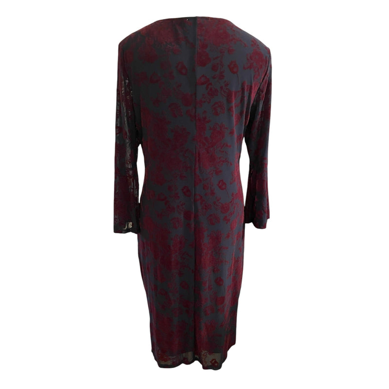 HAANI Wine Flocked Velvet Floral Print Bell Sleeve Hem