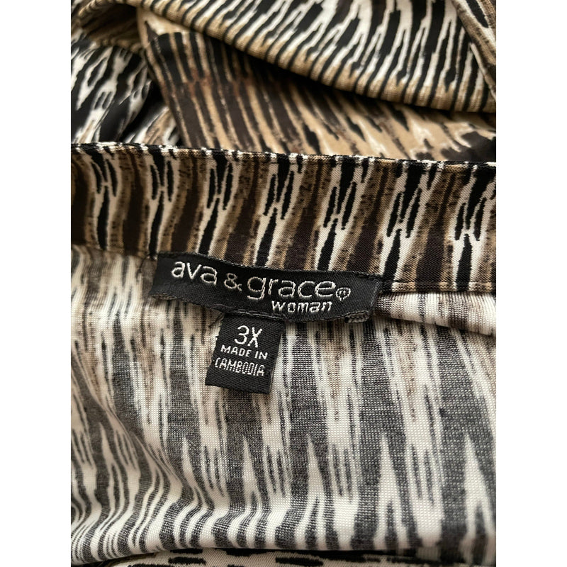 Ava & Grace Woman 3X Tunic Top – Black, Brown & Tan Ikat Print with Chest Pockets