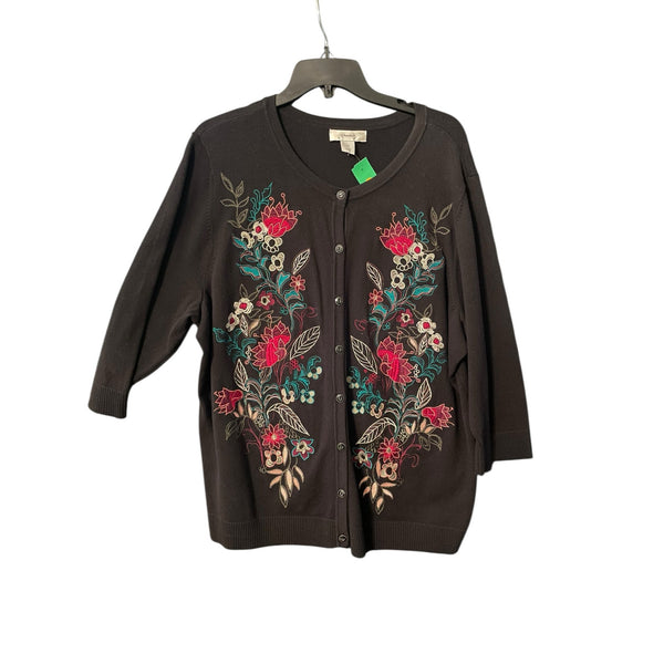 CJ Banks 1X Black Button-Front Sweater with Multicolor Embroidery