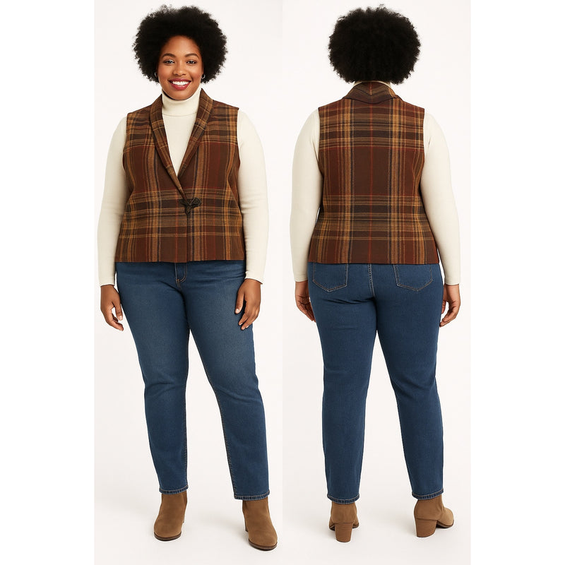 Lauren for Ralph Lauren Brown Plaid Cotton Vest 2X Toggle Button